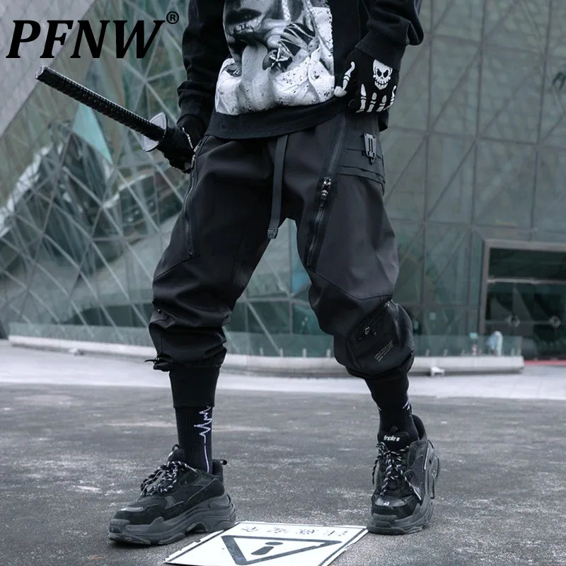 

PFNW Dark Style Men's Pants Zippers Patchwork Elastic Waist Male Solid Color Fuctioanl New Autumn Straight Leg Bottom 12C543