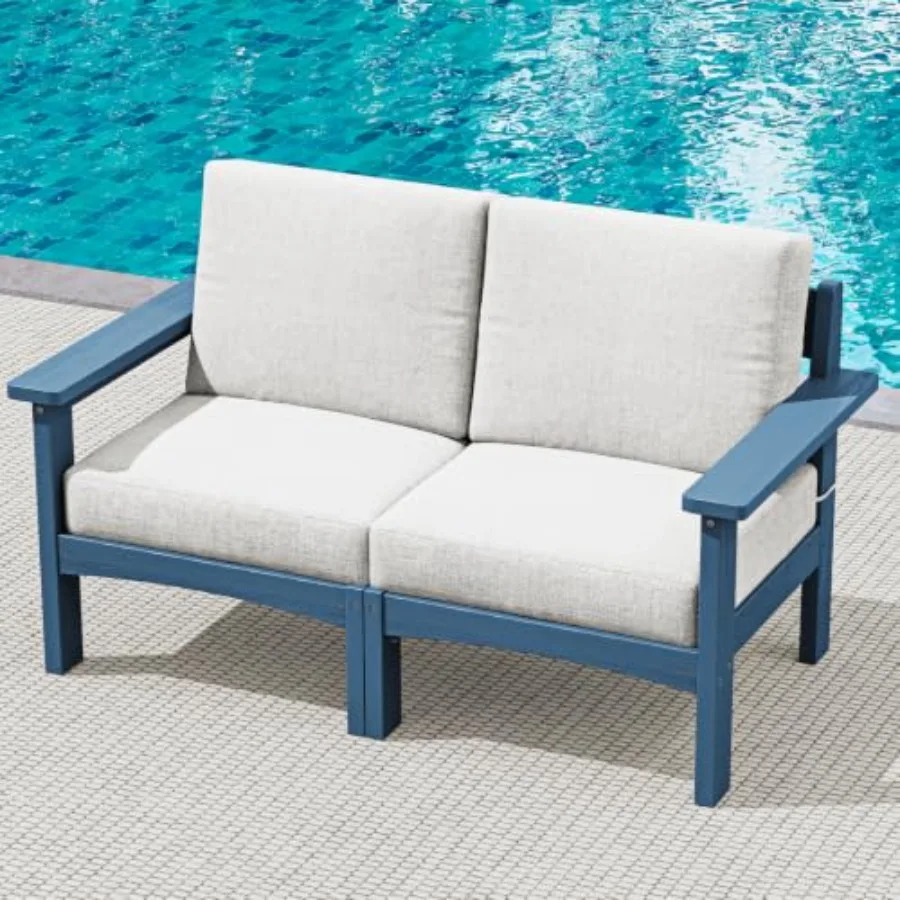 HDPE patio loveseat sofa for outdoor use, weather-resistant HDPE material, gray color, UV-resistant and stackable design