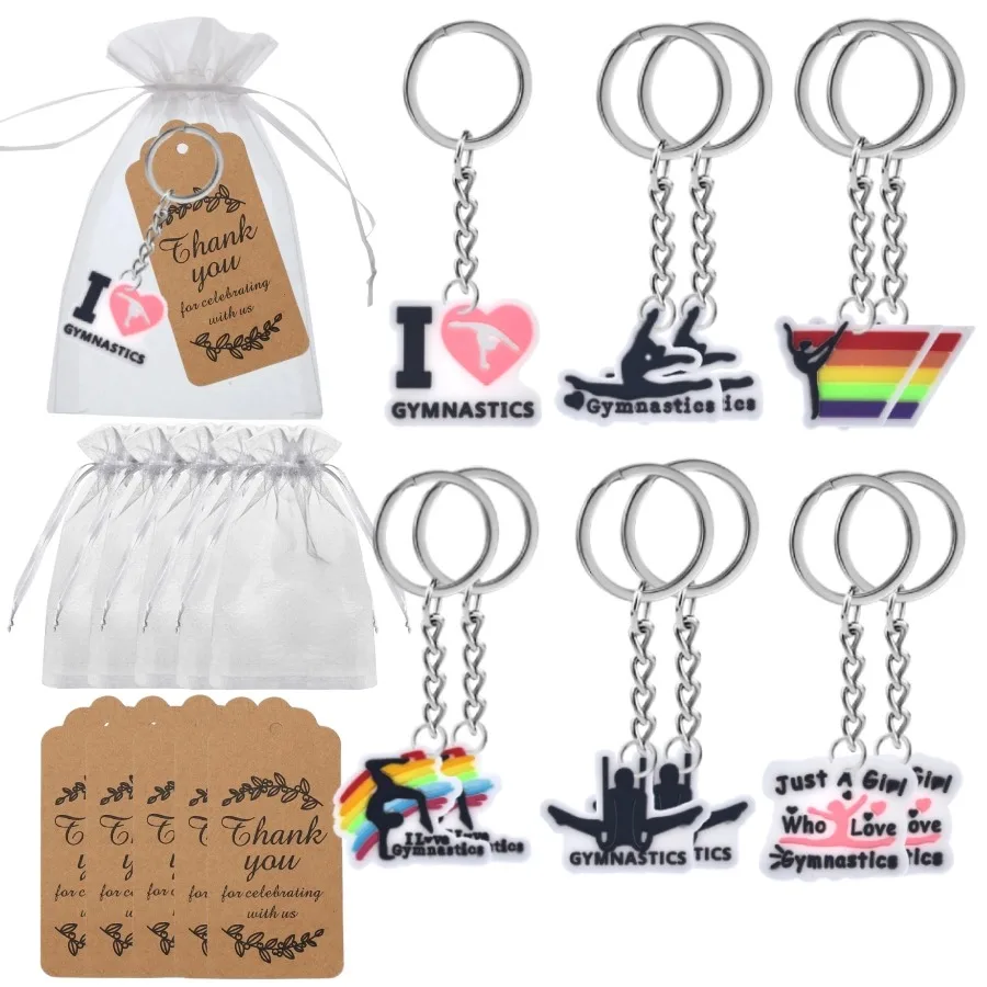 12 Sets Gymnastics Keychains Party Favors Organza Bags Thank You Tags Gymnast Gifts for Birthday Theme Party Backpack Decoration