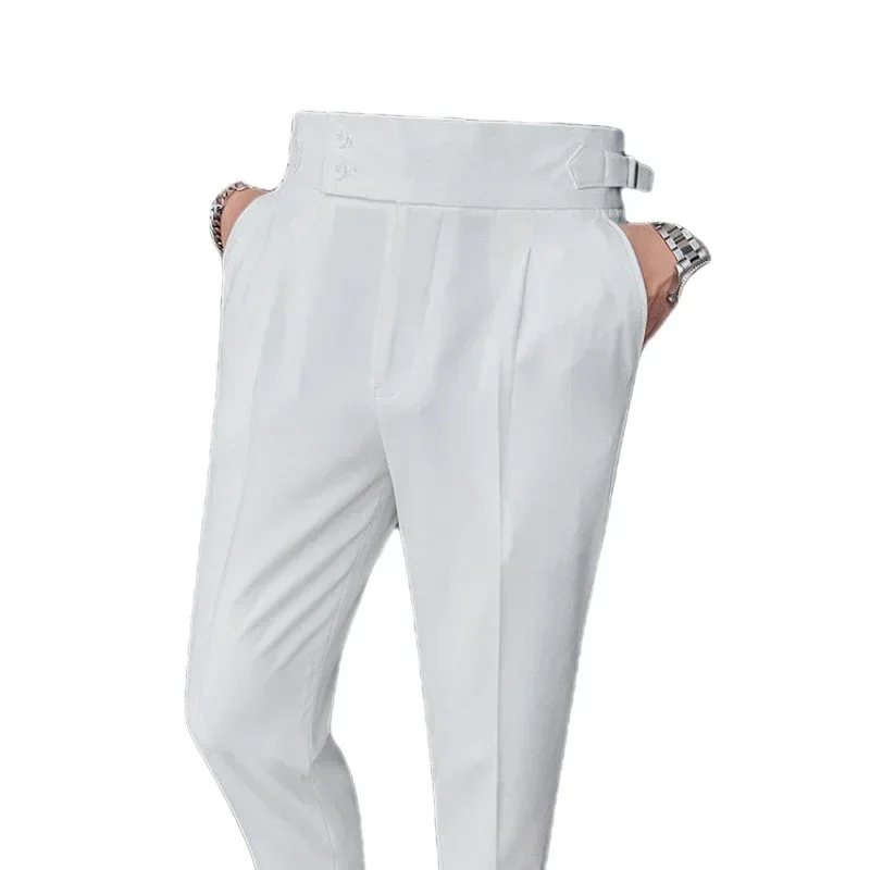 Men's Suit Pants British Style Solid Color High Waist Pants Men Formal Business Slim Fit Suit Pants Social Wedding Casual