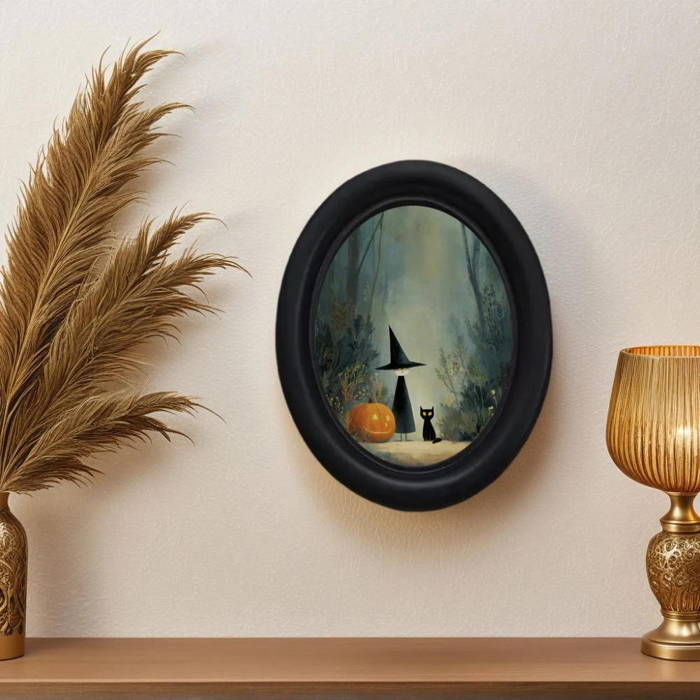 A 3D Vintage Halloween Witch and Black Cat in the Forest Wall Art Mural - Handmade Wooden Animal Decoration, Oval Design, Suitable for Halloween, Christmas, Thanksgiving, Home and Office Decoration, Nostalgic Room Decor
