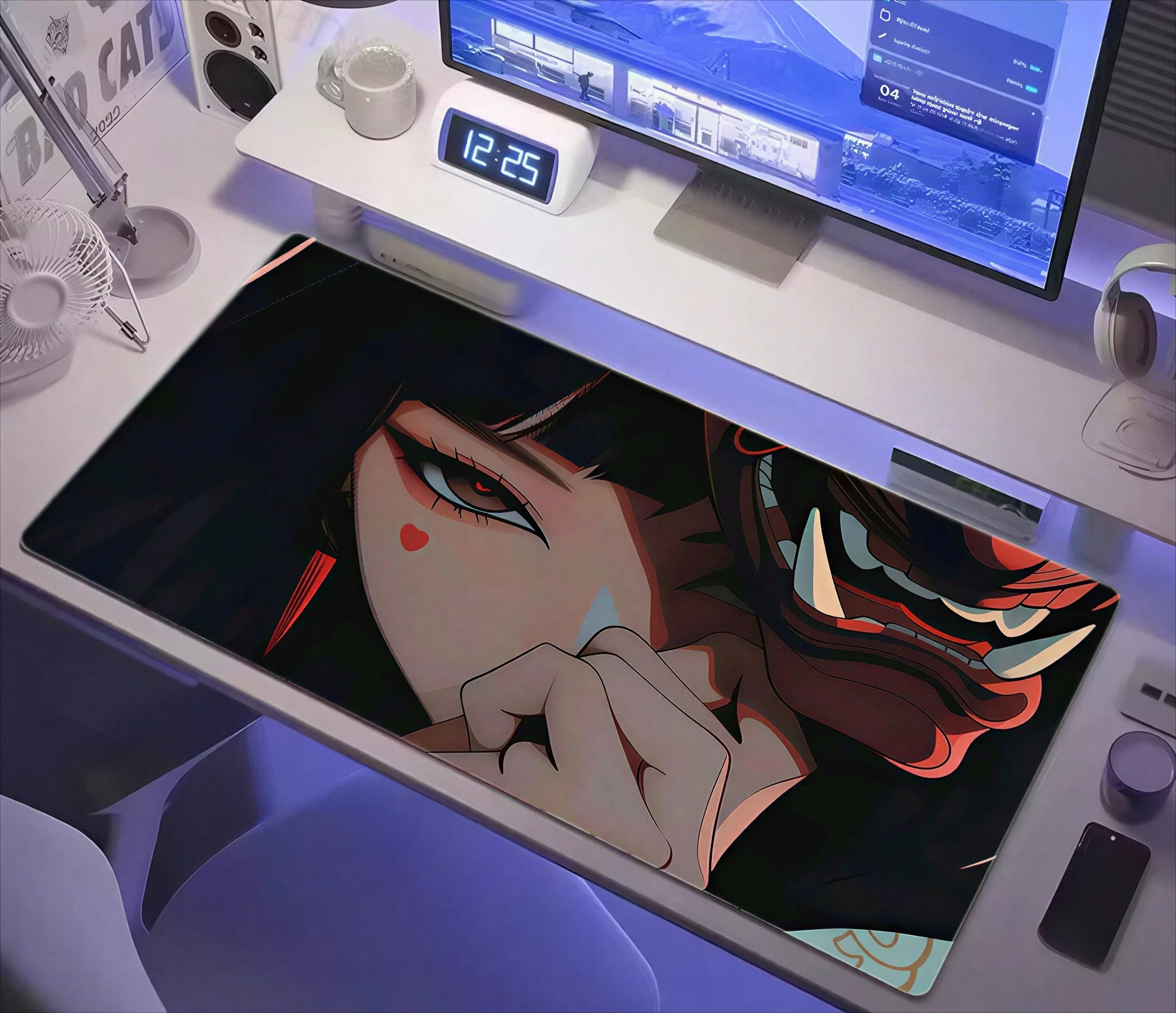 Anime Oni Demon Girl Mouse Pad, Japanese Samurai Girl Desk Mat, Non-Slip Gaming Mouse Pad for Halloween Gift