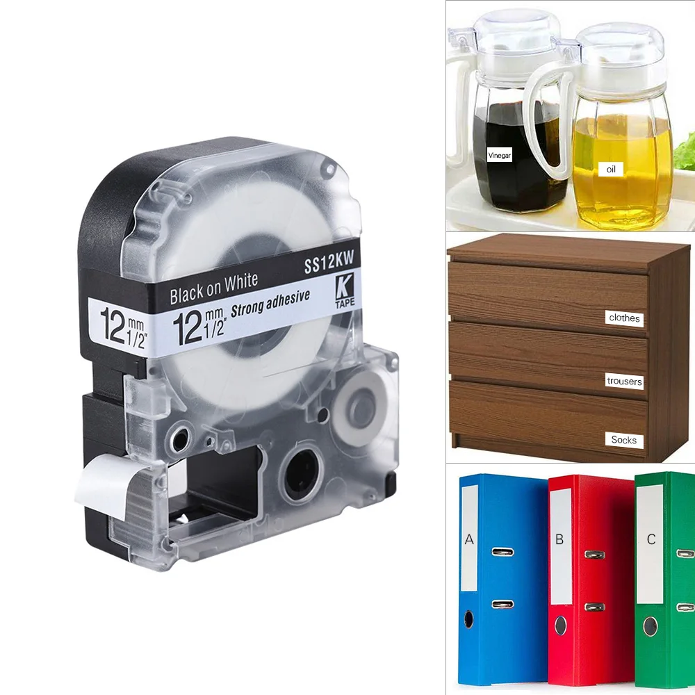 

Black on White Label Tape 12mm * 8m Compatible for Kingjim Epson Label Printer LW400/LW600/SR230C/SR230CH/SR530C/SR550C