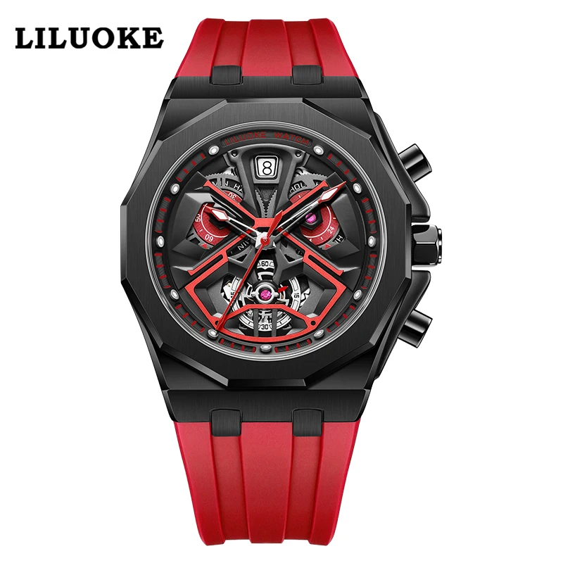 High Quality Luxury Brand Rubber Band Skeleton Dial Luminous Hands Multi Function Men Chronograph Watch