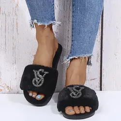 New Summer Women Shoes Fur Slippers Flat Sandals Female Open-Toe Shoes Women Sandals Casual Plush Style Ladies Winter Plus Size