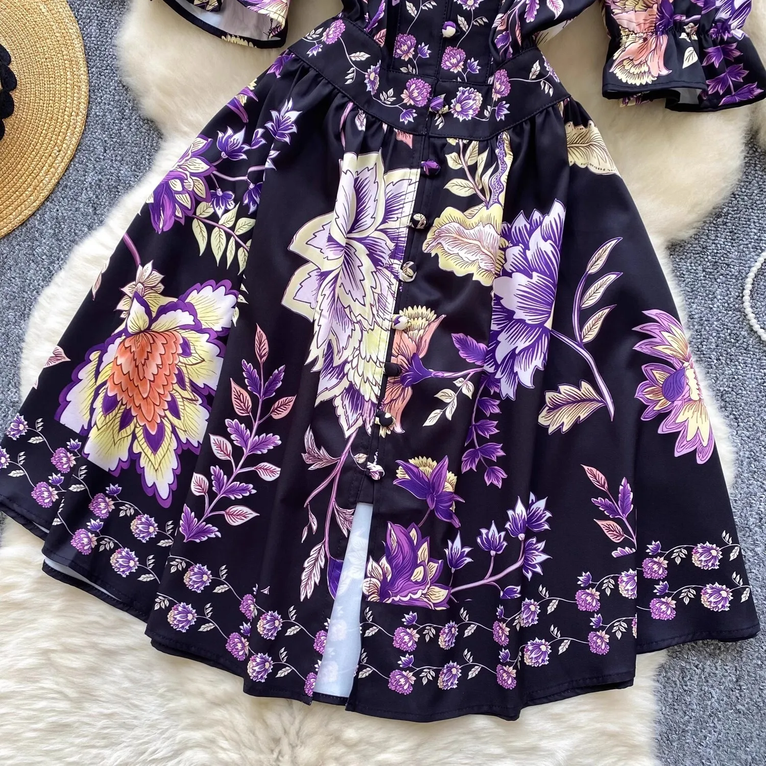 2025 Spring Summer Holiday Floral Short Dress Shirt Women Single Breasted Print Purple Elegant V Neck Bohemia Beach Vestidos