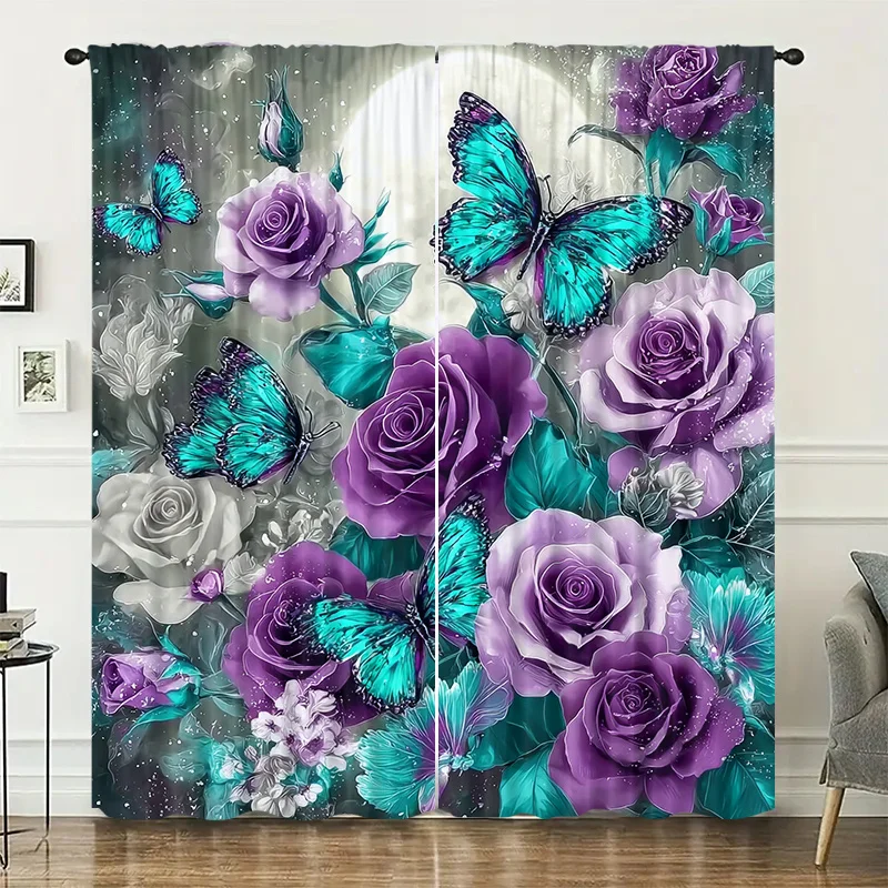 Moonlight, Flower, Butterfly, Curtain Print Drapes Room Darkening Window Curtains for Home Decor,Rod Pocket Blackout Curtains