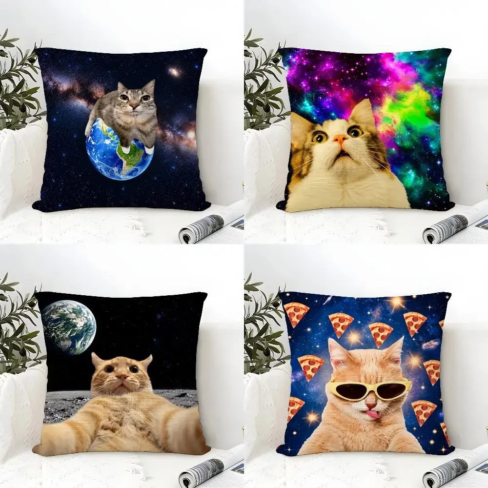 Cosmic Meme Cats Fantastic Cushion Cover Eco Linen Pillow Case Double-Sided Print Breathable Durable Zipper Home Decor Gift