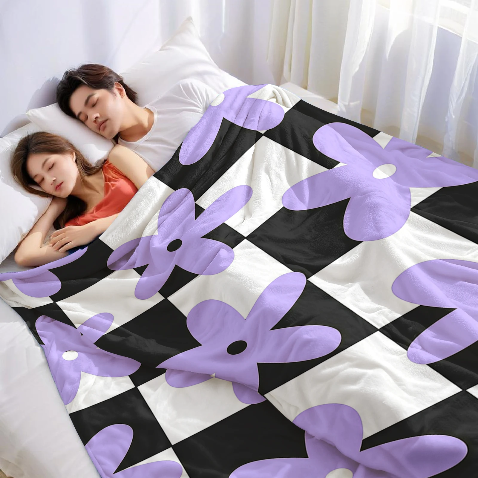 Lilac Checker Cartoon Anime Print Flannel Blanket Soft Warm Throw for Kids Bedroom Sofa Bed Christmas Office Car