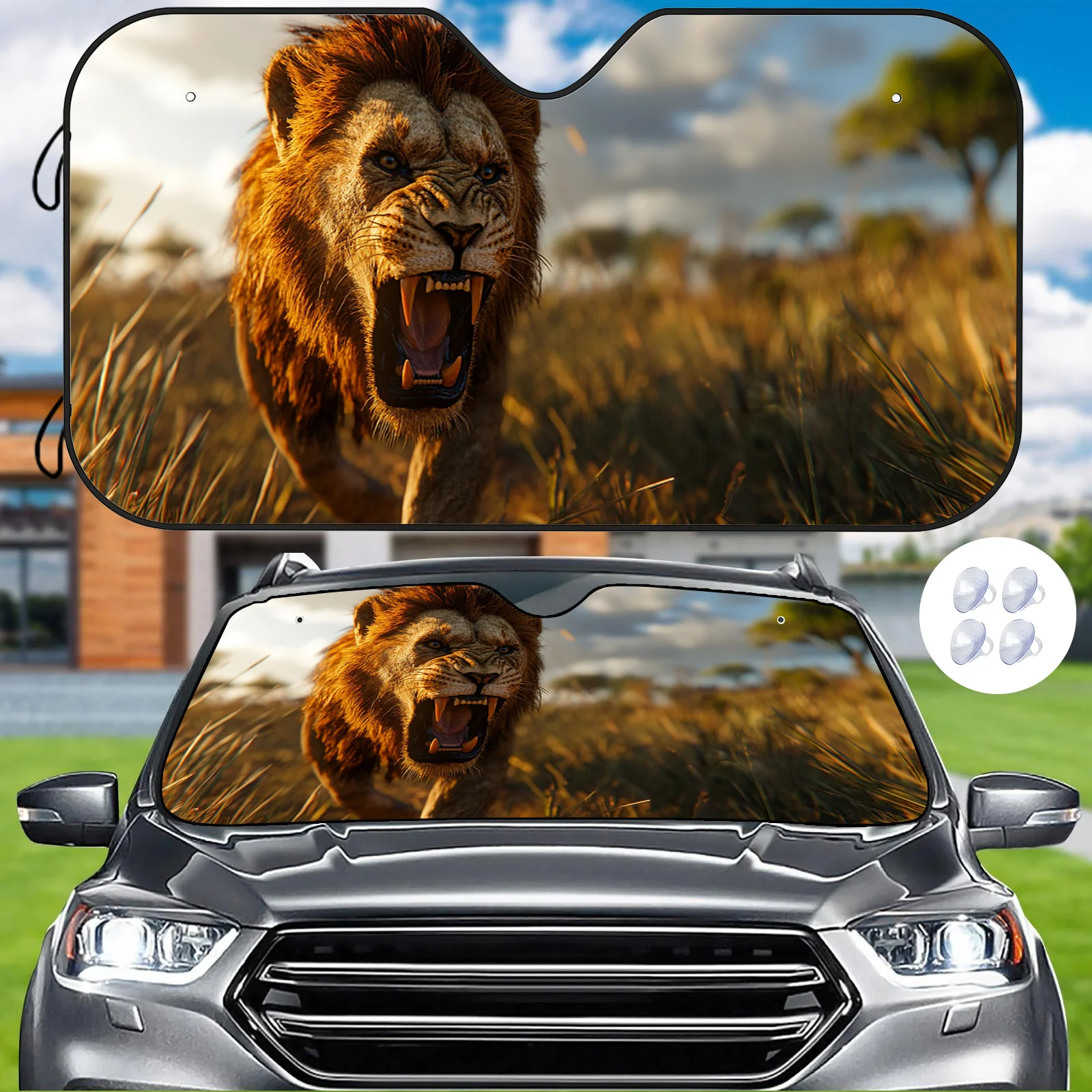 

1pc Roaring Savannah Lion Print Car Windshield Sunshade - Fit Heat Insulation & Scratch-Resistant UV Protection Sun Cover For Al