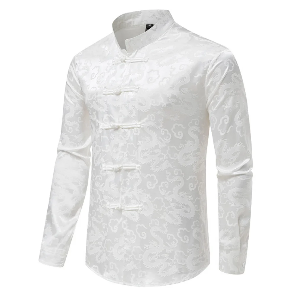 2023 New Men Chinese Style Vintage Shirt Mens Tops Tang Suit Fashion Solid Traditional Long Sleeve Stand-Up Collar White Shirt