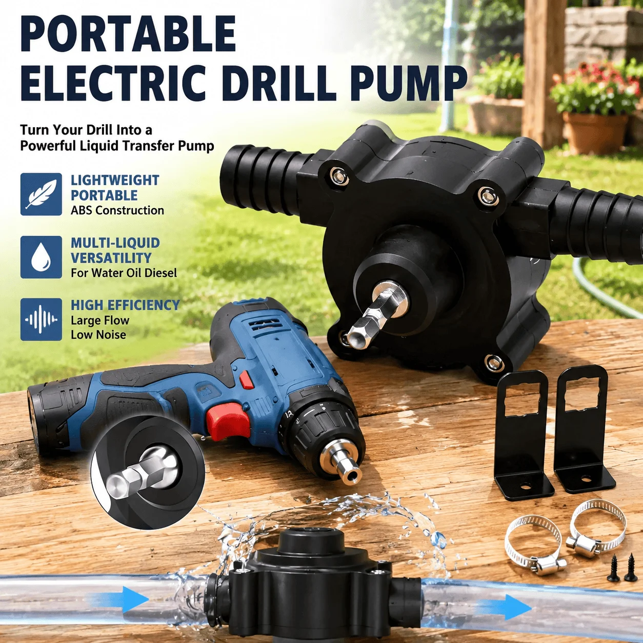 Portable Drill Pump Electric Self Priming Water Transfer Pump Oil Fluid Garden Aquarium Pump Heavy Duty Mini Lightweight High Efficiency Flow Easy Drill Connection Universal Tool For DIY Home Gardening Agricultural Use Outdoor Camping Set