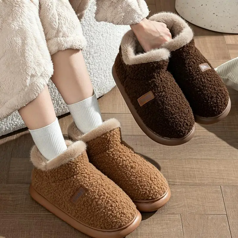 Comfort Lamb's Wool Thick Bottom Home Slippers Winter Outdoor Warm Plush Cotton Slippers Women Anti Slip Light Weight Shoes Lady