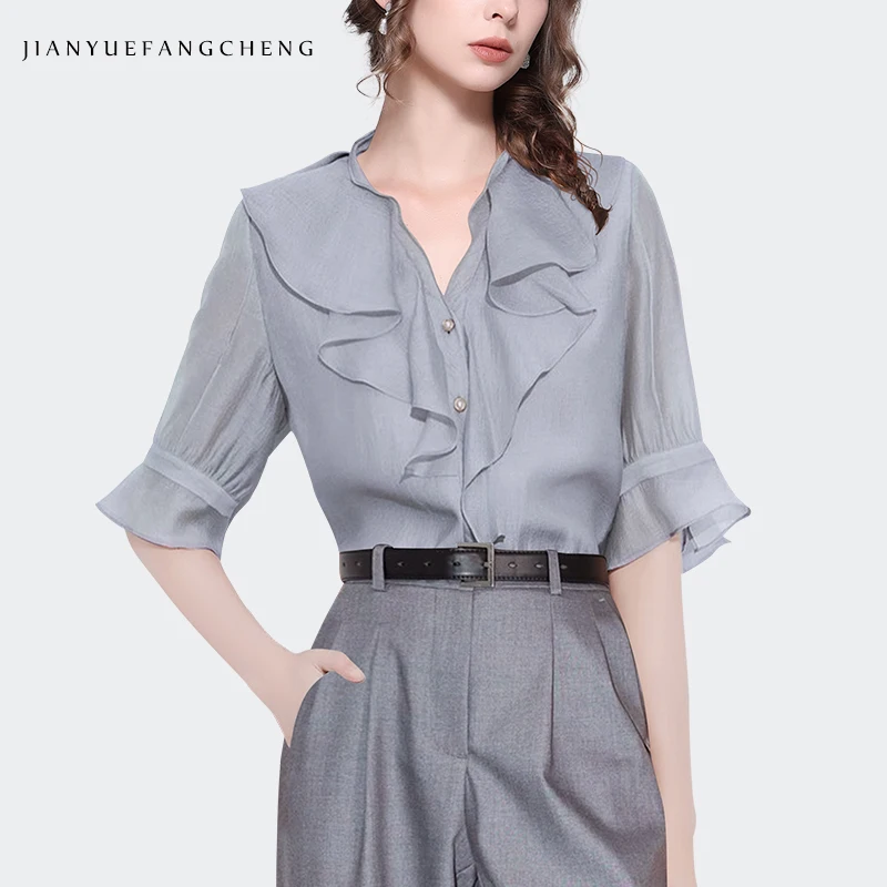 2024 Summer Grey Ruffle Chiffon Top for Women Flared Sleeve Loose Plus Size Button-down Shirts Elegant Slim Office Woman Blouses