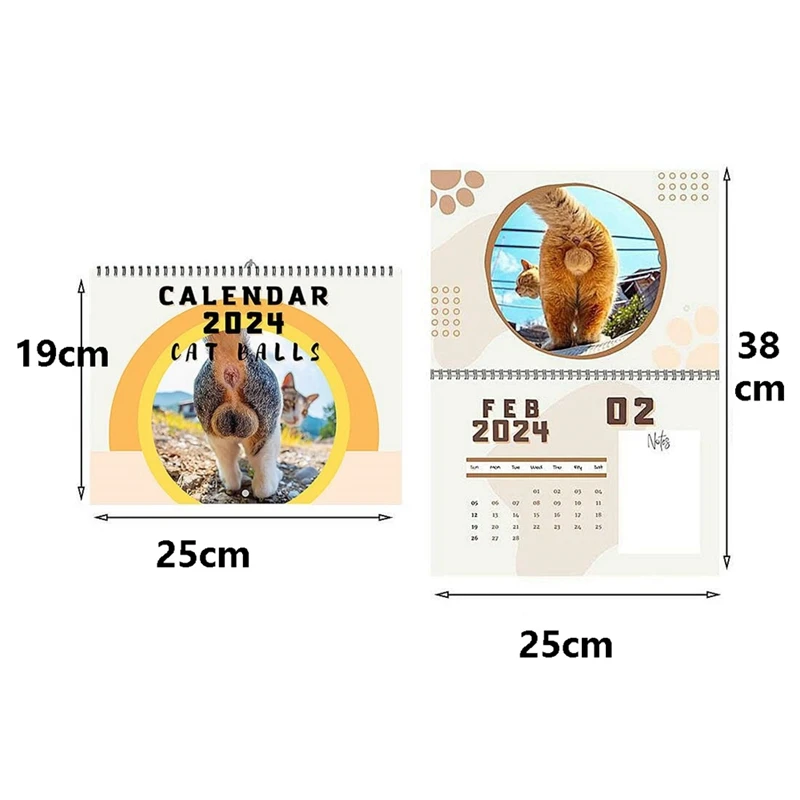 面白い猫ブタンスルカレンダー、25x19cm、12か月の猫のボール、2024