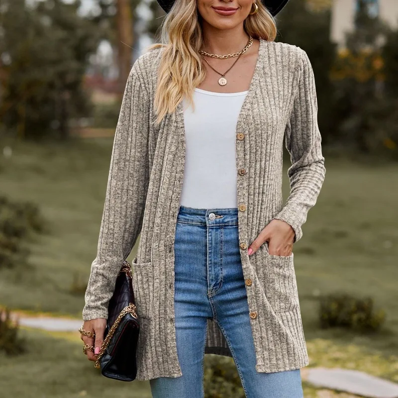 

Button Long Sweater Shirt Women Loose Ribbed Knit Cardigan Sweater Autumn Korean Fashion Women's V Neck Knitted Button Cardigan