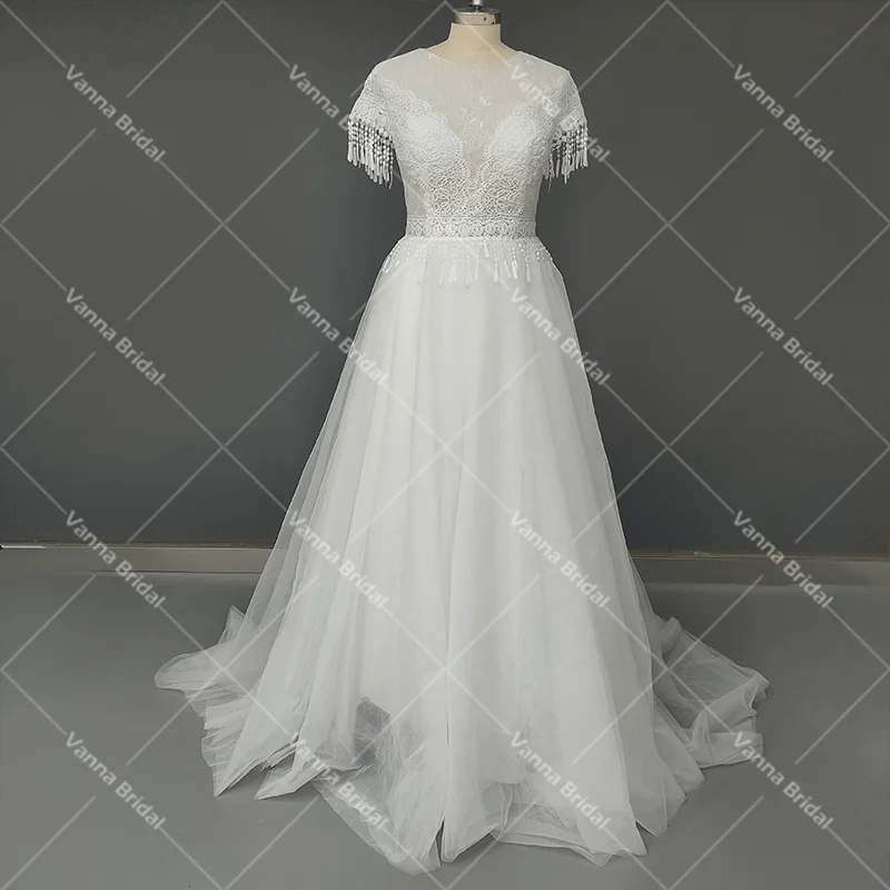 Boêmio barco pescoço renda borla elopement vestido de casamento tule uma linha mangas curtas sem costas personalizado boho praia vestidos de noiva