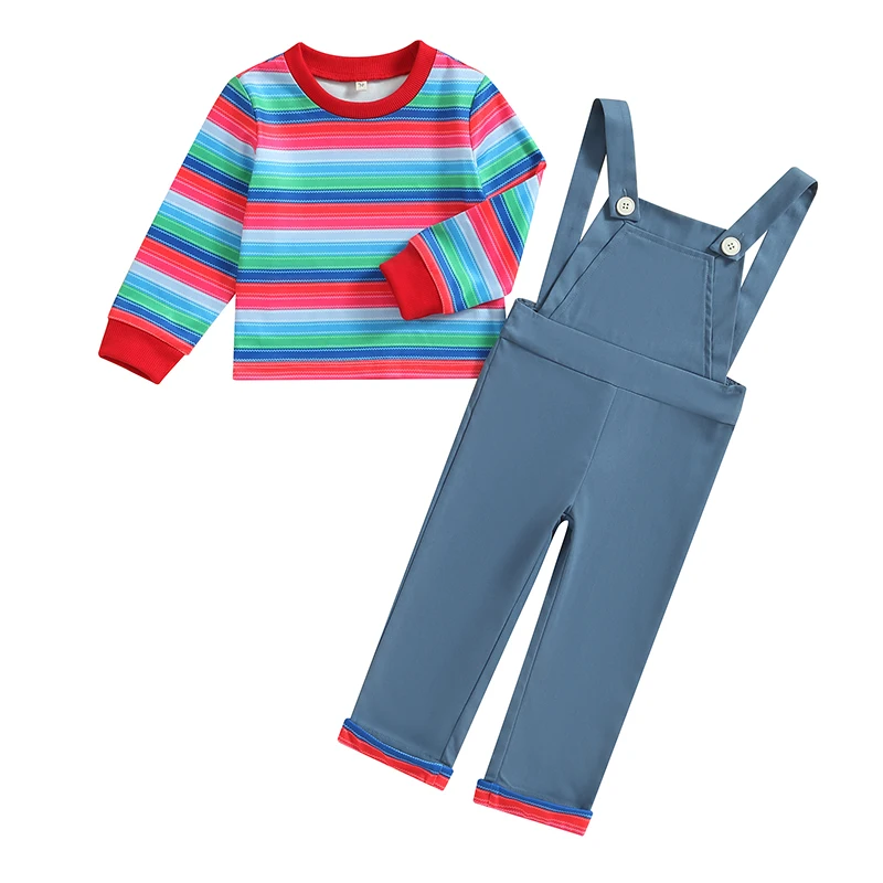 Baby 2Pcs Fall Outfits Long Sleeve Striped Print Tops and Suspender Pants Set Toddler Cosplay Costume