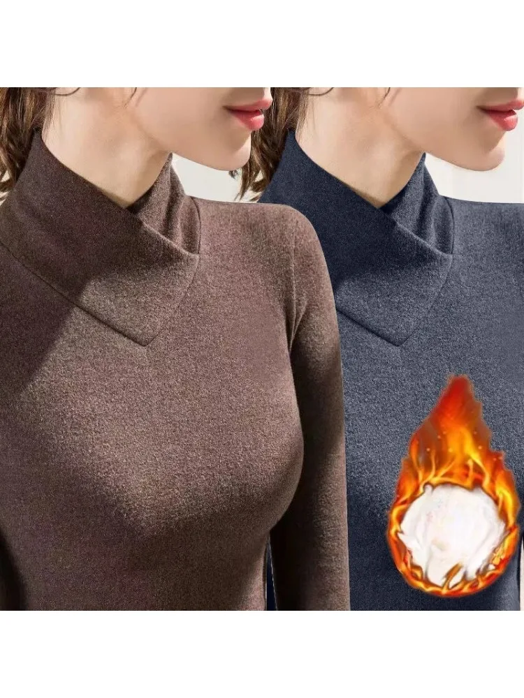 Herfst Winter Nieuwe Semi Hoge Hals V-hals Dames T-shirt Fleece Dragen Binnenkant Dames Thermisch Ondergoed Dameskleding - afbeelding 2
