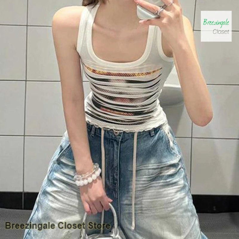 American irregular double-layer hole motorcycle cat printed white I-shaped vest female summer design sense hot girl waist top