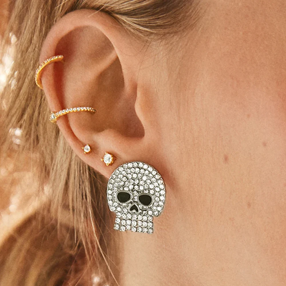 Catuni New Goth Punk Skull Skeleton Stud Earrings Jewelry for Women Sparkling Crystal Quality Exquisite Accessories Gifts