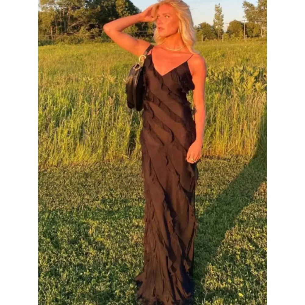 2025 موضة خارج على الكتف الخامس الرقبة فستان طويل المرأة الصيف الكشكشة المتتالية مثير عارية الذراعين أكمام شق شق فستان طويل