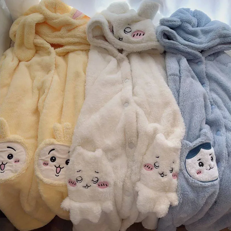 

Kawaii Chiikawa зимняя ночная рубашка с капюшоном для девочек, милая бархатная утолщенная пижама с героями мультфильмов Usagi, коралловая бархатная пижама, женская одежда