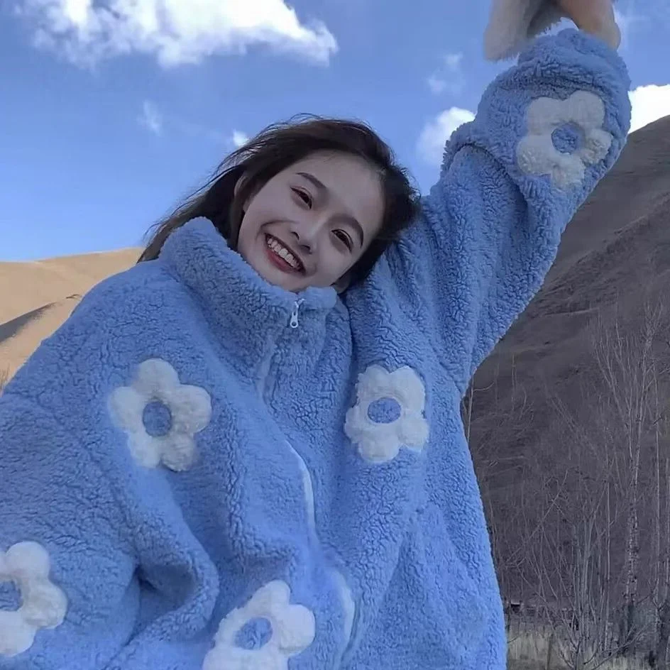 

plus Size Faionable Embroidered Lamb Fur Cotton Jaet Women Loose Thiened Sli Outerwear Autumn Winter Casual Zipper