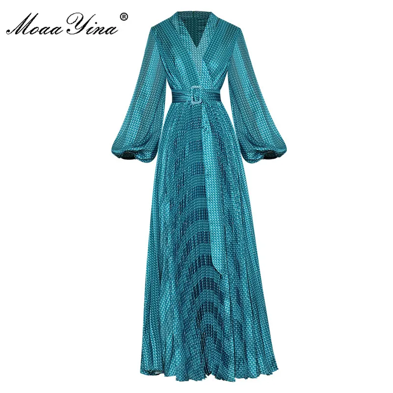 

MoaaYina Fashion Designer dress Autumn Women Dress V Neck Lantern sleeve Sashes Printed Holiday Elegant Pleated Dresses