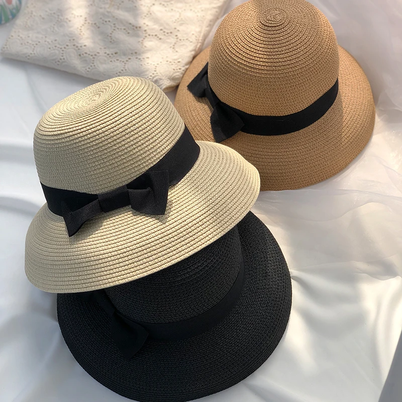 Hepburn bow ribbon sun hat women\'s straw hat Bucket hat color sunscreen sun hat beach hat wholesale