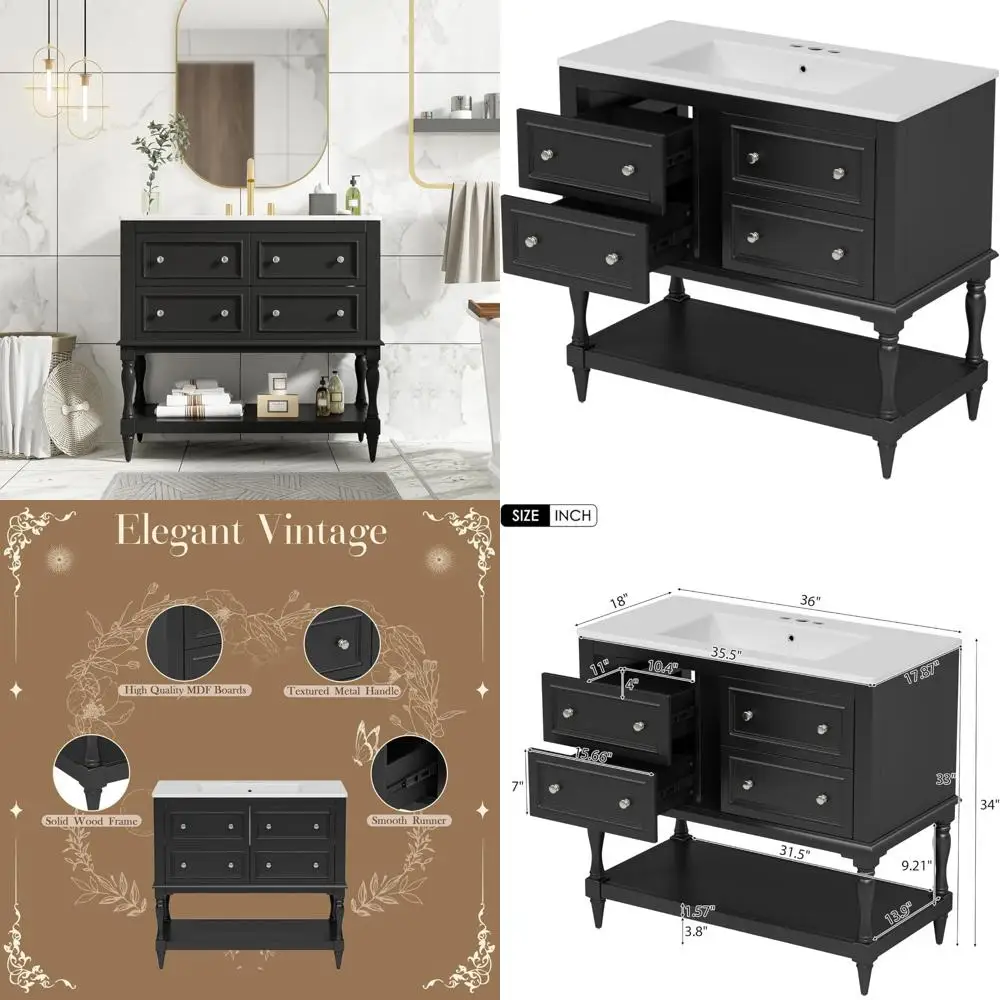 

"36" modern black bathroom vanity with sink, 4 drawers & open shelf