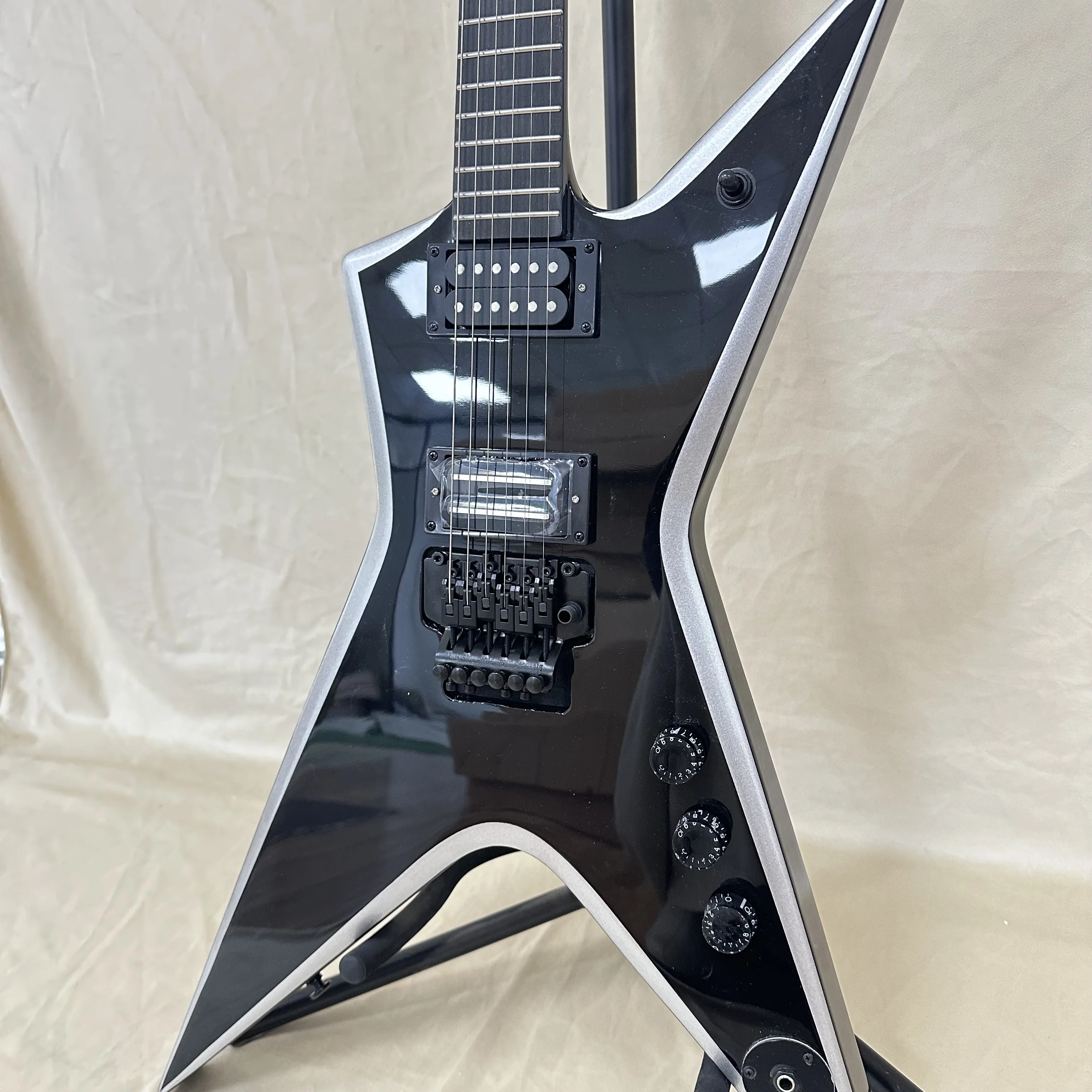 Black V-Shaped Electric Guitar Silver Beveled Edge Heavy Metal Style Glossy Black HH Humbuckers Finish Free Shipping Worldwide
