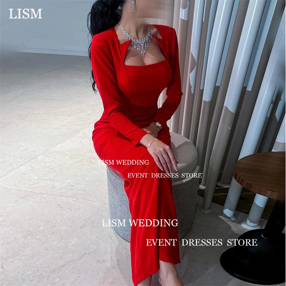 

LISM Red Satin Prom Dresses Square Neck Ankle-Length Figure-flattering Formal Party Occasion Simple Dress For Women 2024