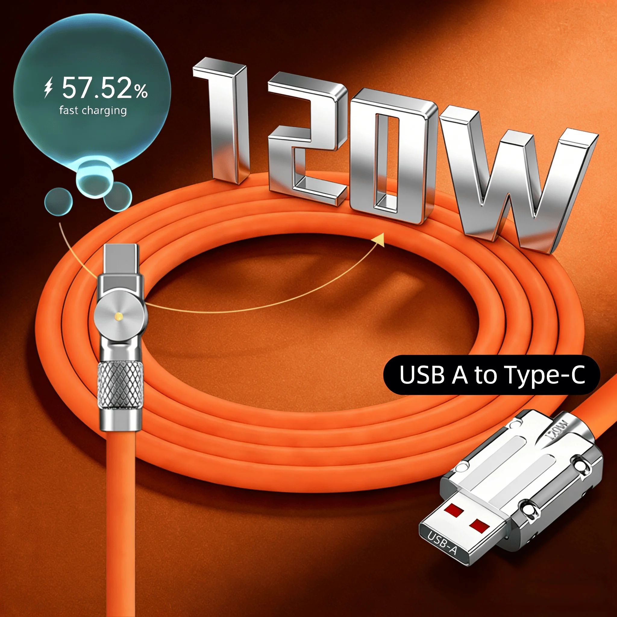 Câble de charge rapide 120W Type C 7A Câble en silicone liquide Connecteur rotatif à 180 degrés Compatible avec Xiaomi Huawei Samsung