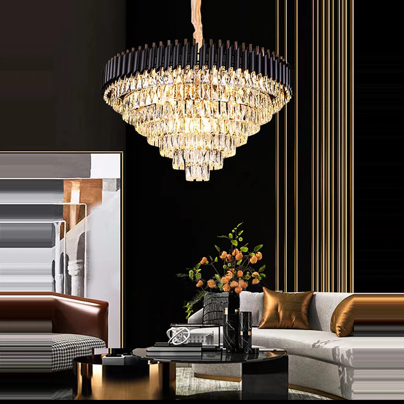 Luxury Crystal Chandeliers 2024 Black Home Decoration Lustre Dimmable LED Hanging Light Fixture for Living Room Decor