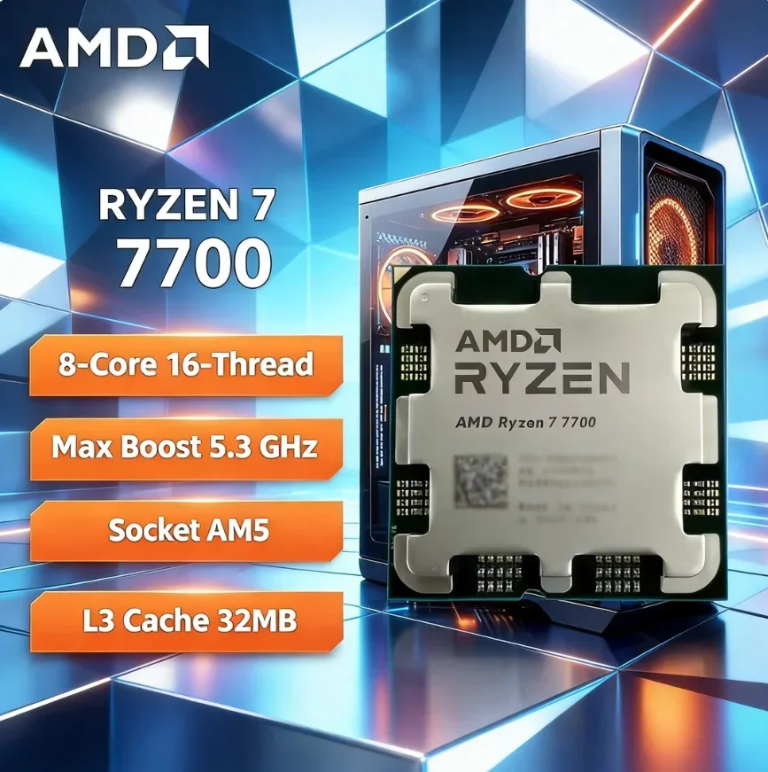 AMD Ryzen 7 7700 Socket AM5 CPU R7 7700 8-Core 16-Thread 5.3GHz Gaming CPU Unlocked Desktop Processor Without Package
