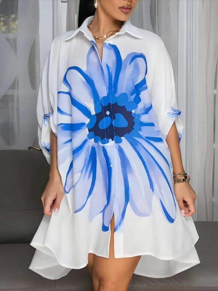 Yeezzi Damenmode-Abend-Midikleid mit Blumenmuster, halbe Ärmel, übergroß, geknöpft, lässig, zum Ausgehen, Revers, Hemdkleid