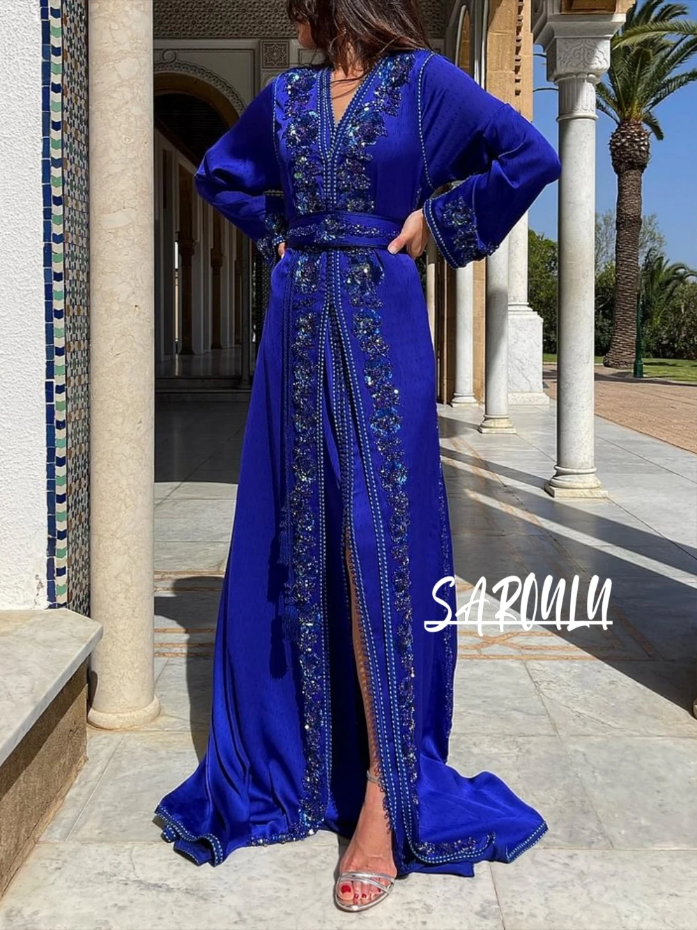 Royal V-neck Evening Dress Caftan Shiny Appliques Prom Customized Elegant Women Birthday Party Gown Plus Size Vestido De Gala