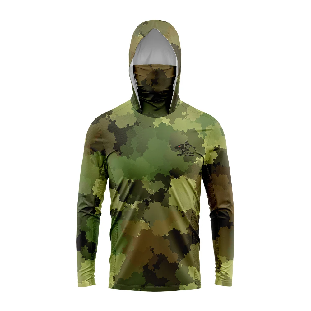 Sun‑Proof Fishing Hoodie With Face Mask Green Digital Camo Print Quick Dry Breathable Long Sleeve Top For Fishing Hiking