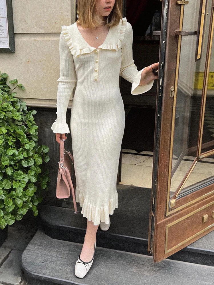 TWOTWINSTYLE Temperament Spliced Ruffles Dress For Women Round Neck Long Sleeve High Waist Knitting Dresses Female New KDR510208