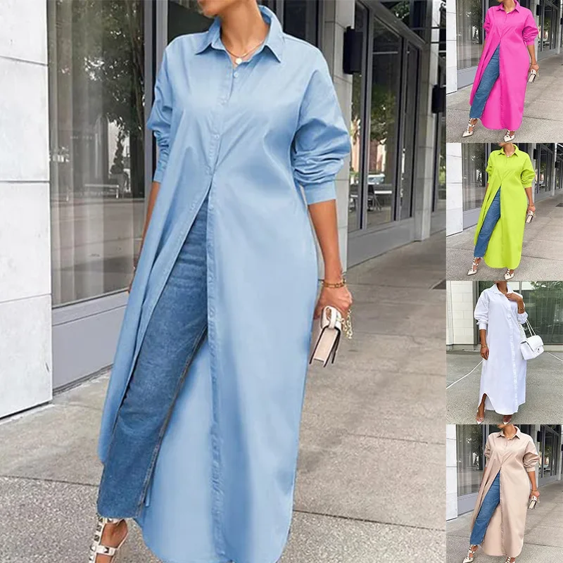 

Women Shirt Windproof Shirt Dress Versatile Arc Hem Stylish Autumn Winter Solid Color Shirt Long Dress