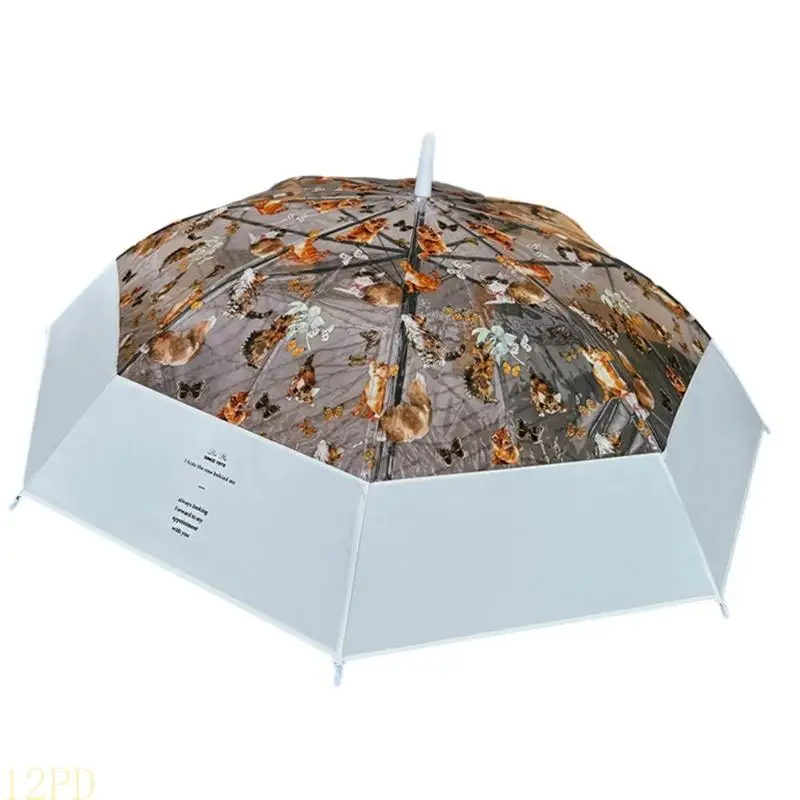 12PD Durable Fiber Frame Transparent Umbrella With Cats Print Rain Shelter Umbrellas For Commuting And Outdoor Activity