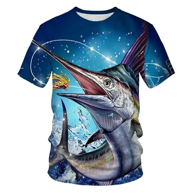 2023 Summer Men 3d Printed Ocean Fish Pattern Fashion Sport O Collar Short Sleeve T-Shirt Fun Funny Baggy Plus Size Casual Top