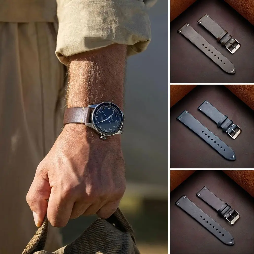 Bracelet en cuir véritable, confortable, 20mm, rétro, cire d'huile, à dégagement rapide, de luxe, fait à la main, pour montre intelligente