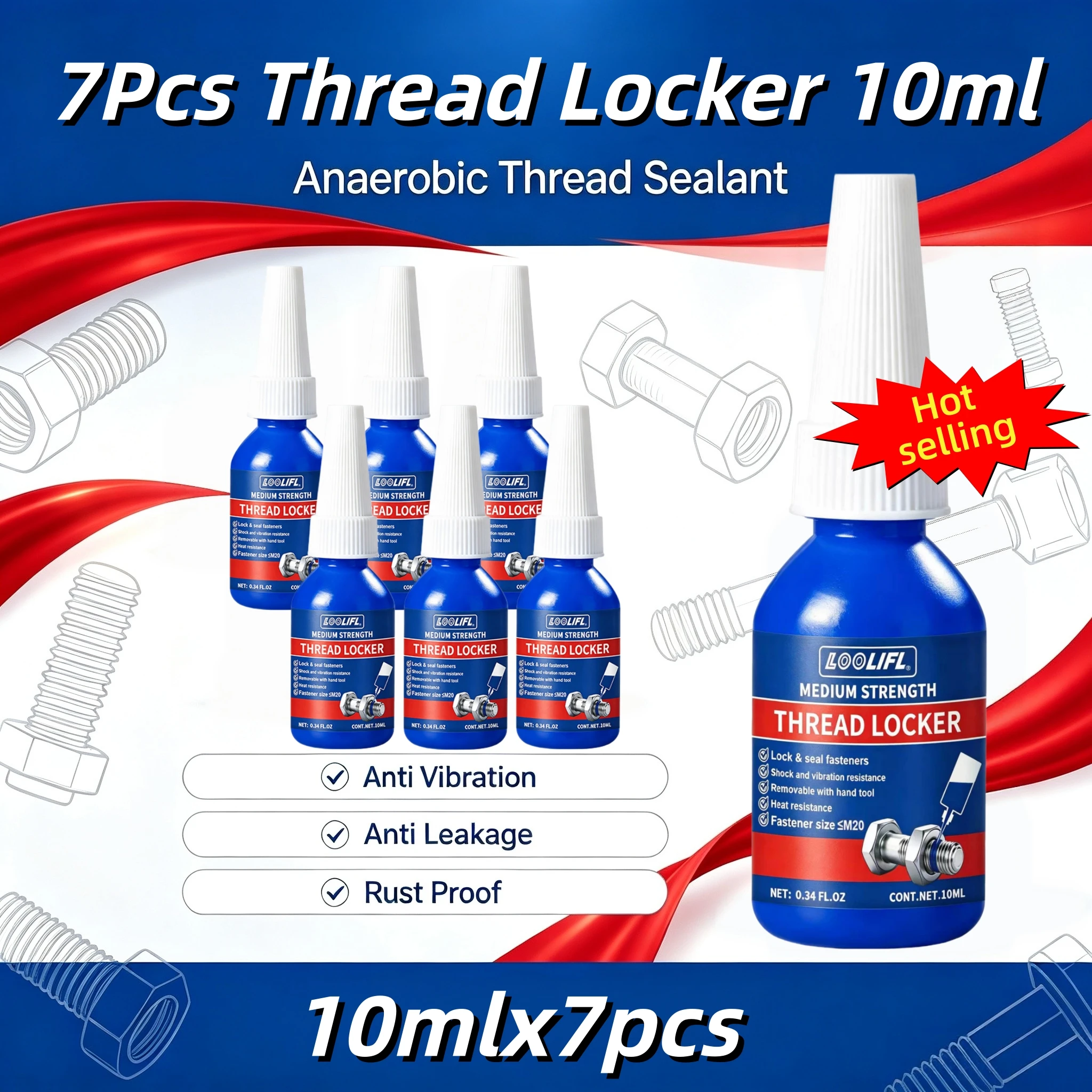 1/3/5/7Pcs 243 271 Thread Locking Adhesive Anaerobic Sealant, Medium-High Strength, Oil-Resistant, High-Temperature Resistant, Blue, Removable Type