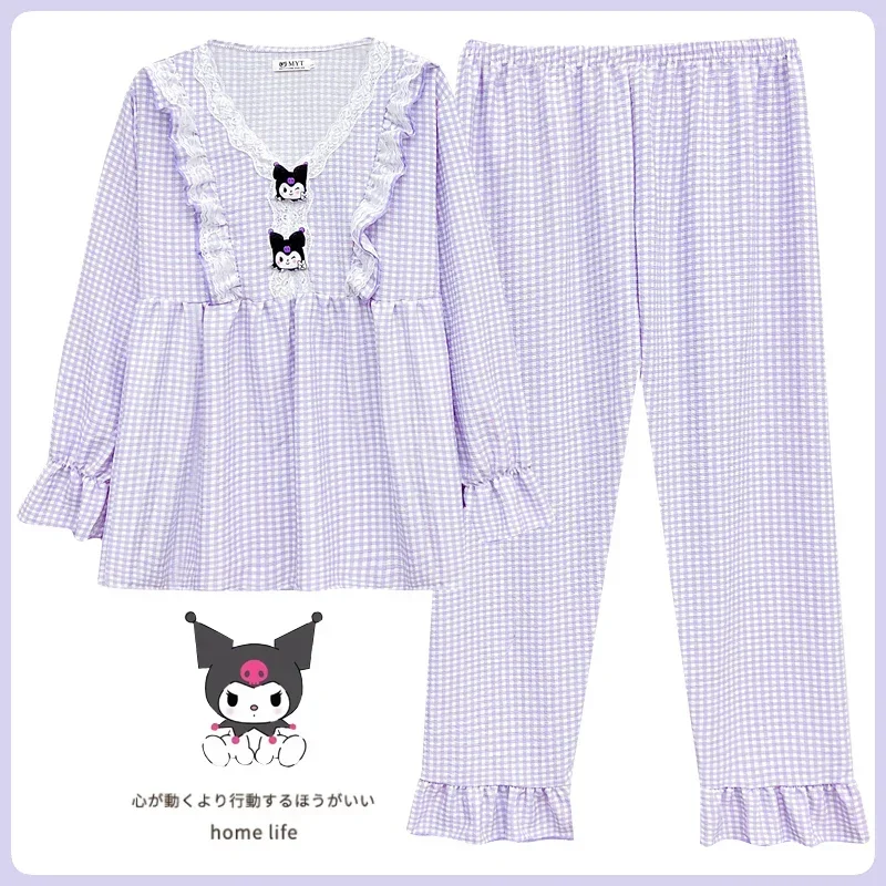 

Sanrio Kulomi autumn pure cotton new casual round neck cartoon two-piece set women's pajamas silk pajamas women's loungewear set