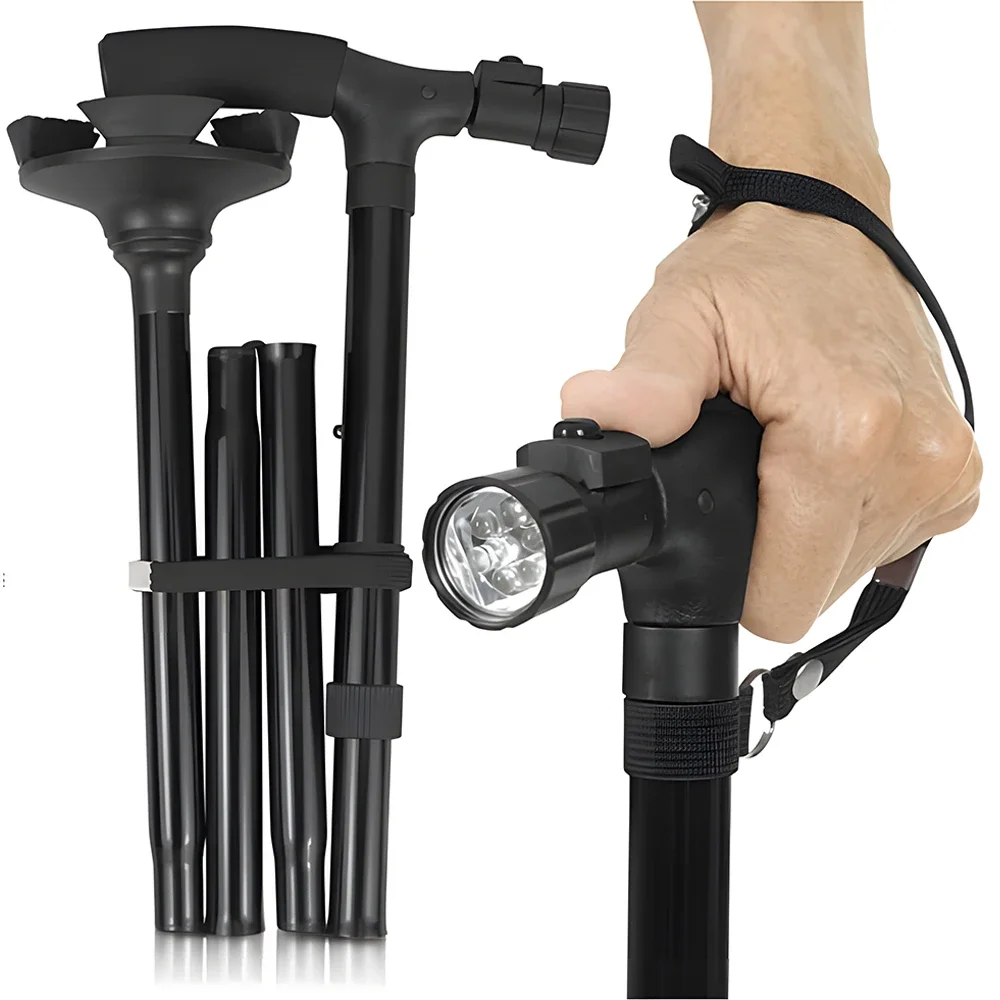 Klappbarer Gehstock mit LED-Licht, verstellbar, leicht, zusammenklappbar, rutschfest, Gehstock für alte Männer, Krücke für ältere Menschen – Detail 1