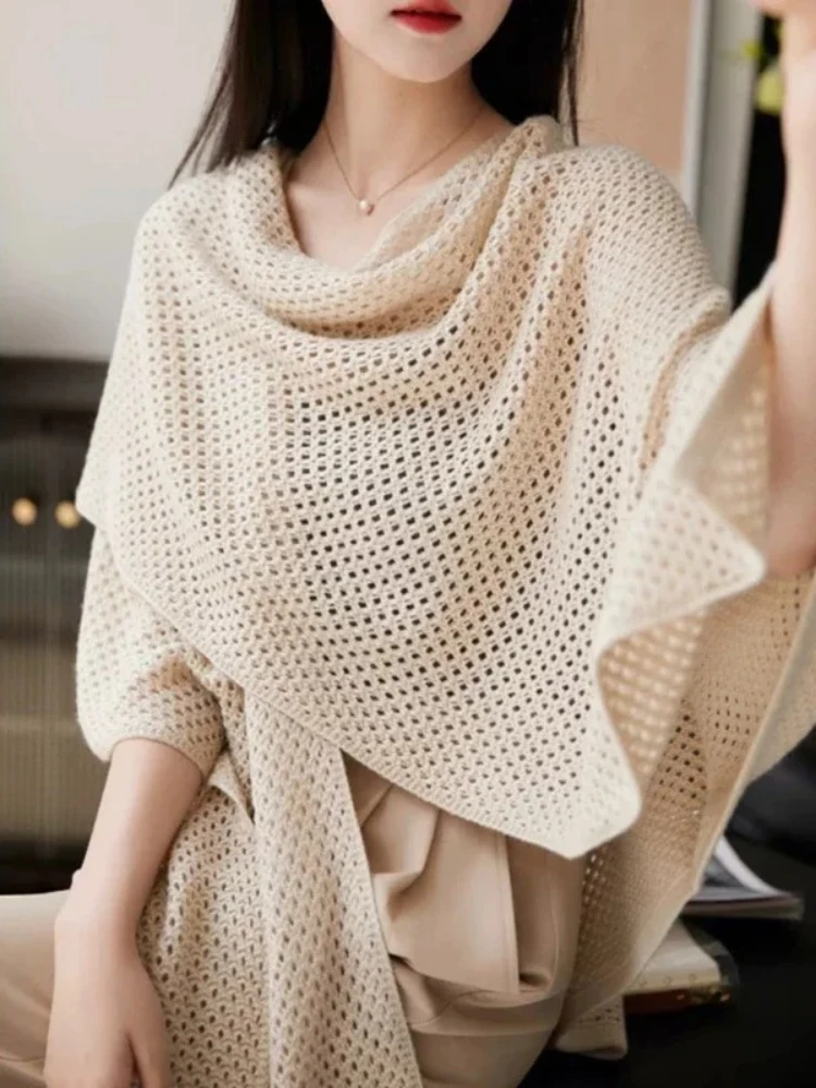 2025 Autumn Hollow Out Women's Cardigan Capes Fashion Women Spring Elegant Solid Color Knitted Ponchos Casual Loose Shawl Coat