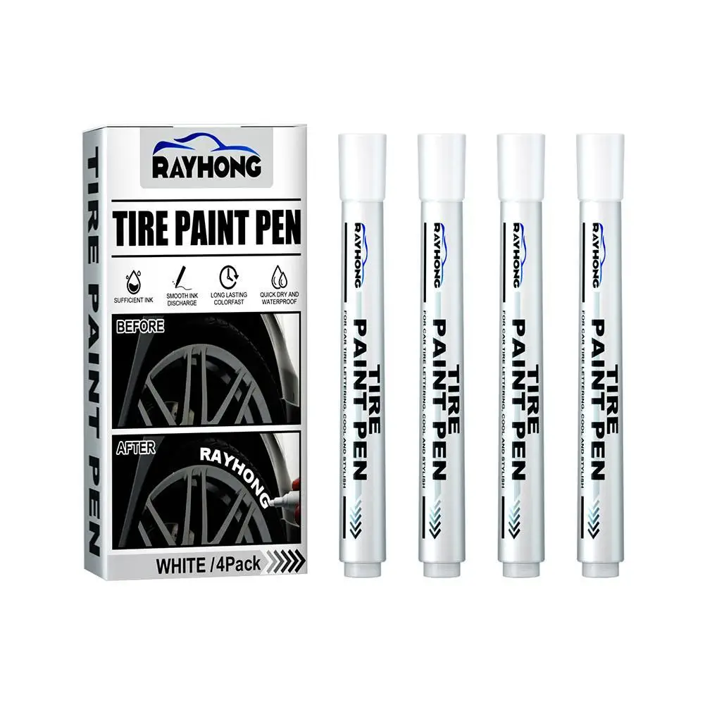 

4pcs Car Tire Paint Marker Pen Waterproof Cars Wheel White Marker Pens Auto Rubber Tyre Paint Pen For Motorcycle Windows Mirrors