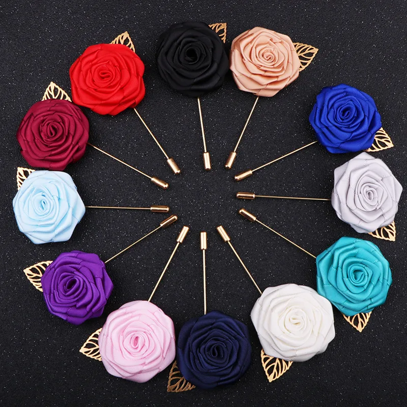 Korean Cloth Art Flower One-line Brooch Texture with Leaves Rose Corsage Men's Women's Coat Exquisite Versatile Brooches